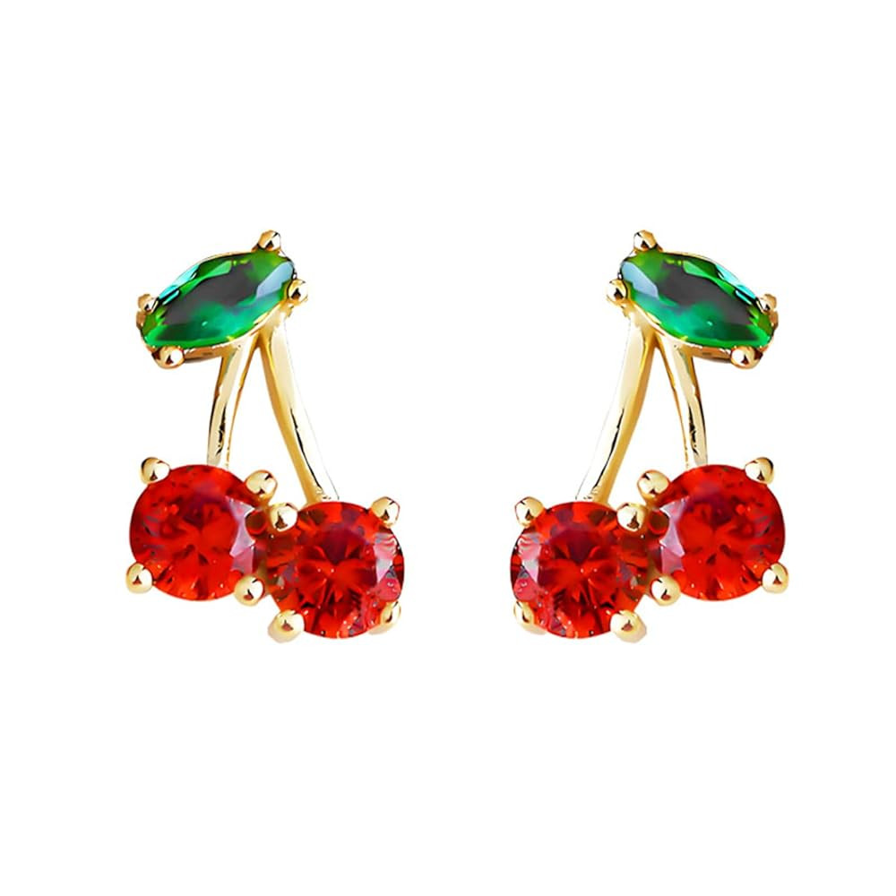 Cherry Stud Earrings for Women Personalized 18K Gold Plated Red Cherry Elegant Shining Green Emer... | Amazon (US)