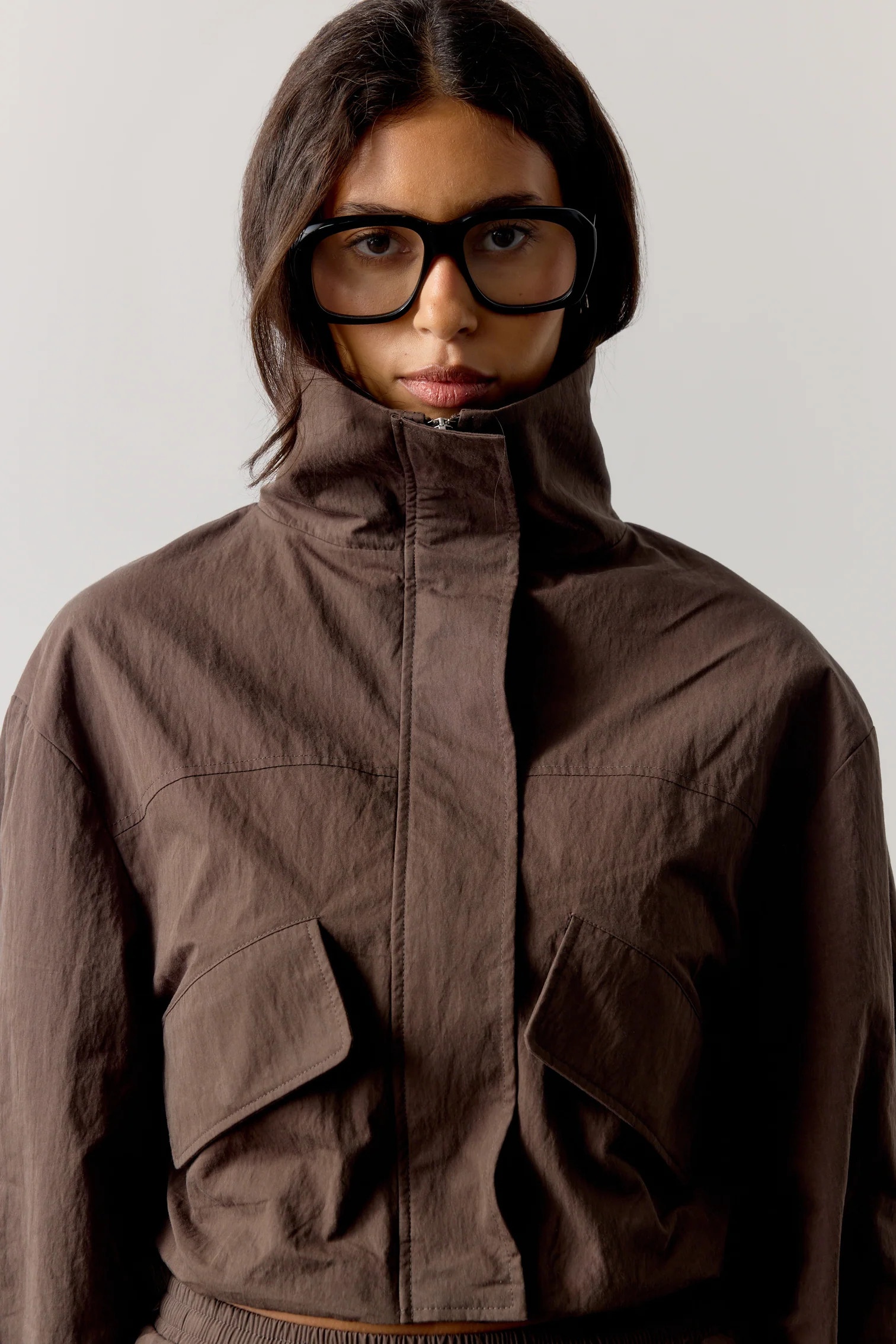 FUNNEL NECK SHELL JACKET - BROWN | The Couture Club
