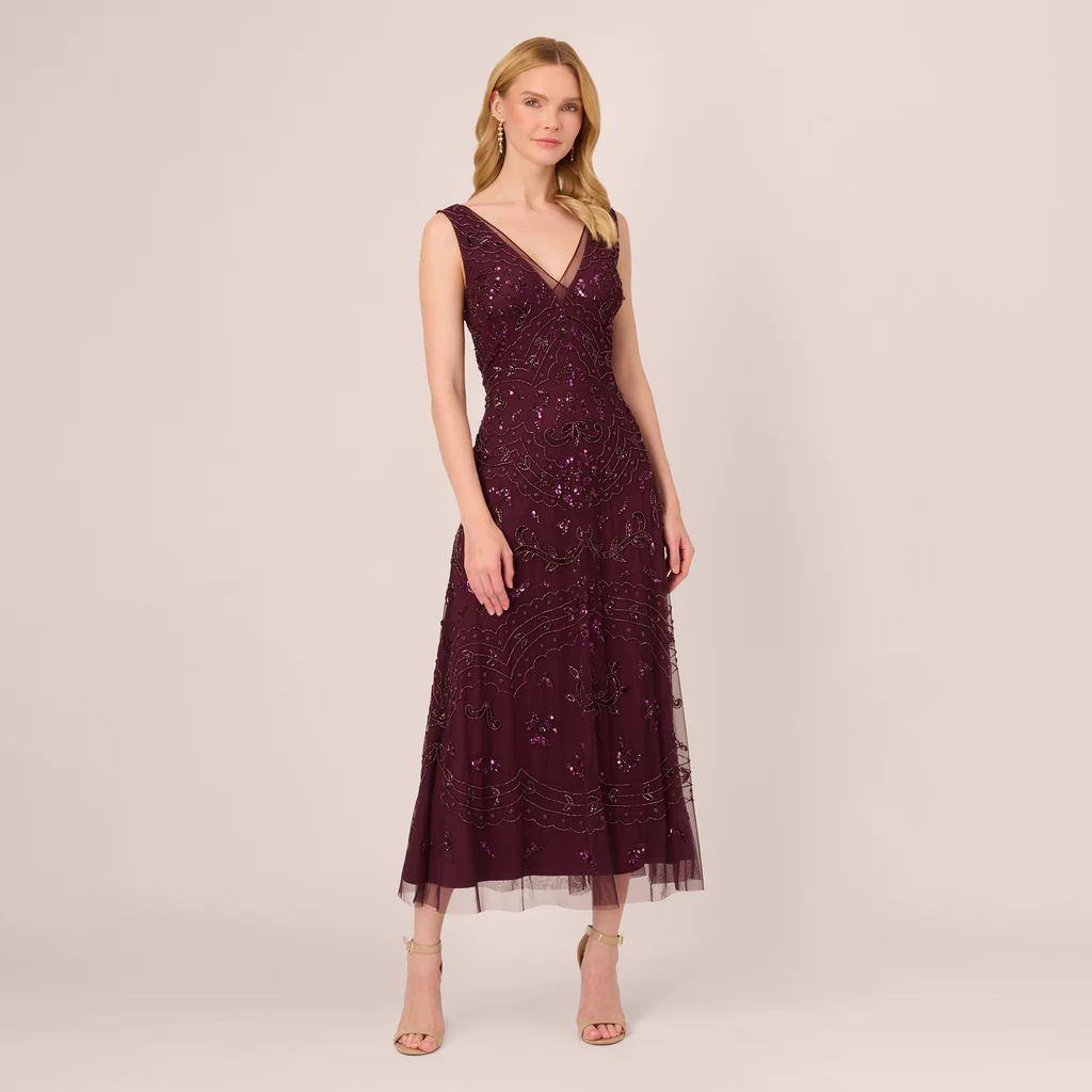 Hand-Beaded Ankle-Length Dress In Night Plum | Adrianna Papell
