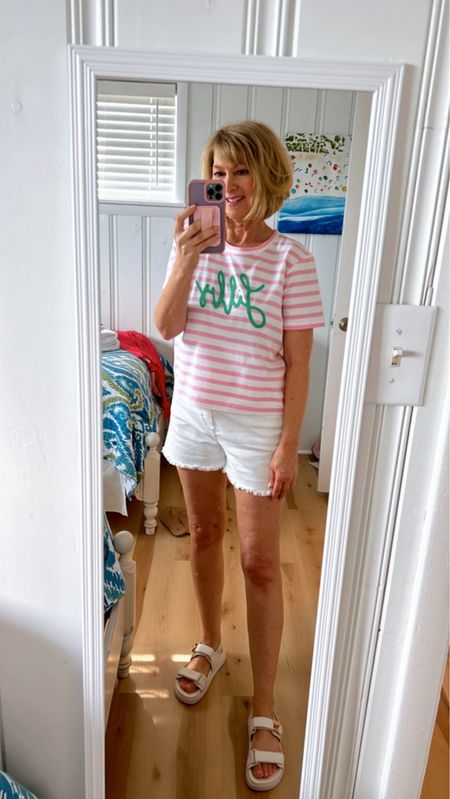 Pink and white striped summer top and white shorts! Beach vacation outfit 🌴

#LTKSeasonal #LTKTravel #LTKOver40