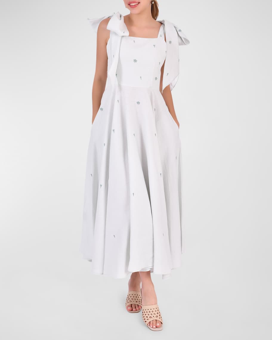 FANM MON Sara  Shoulder-Tie Bow Linen Midi Dress | Neiman Marcus