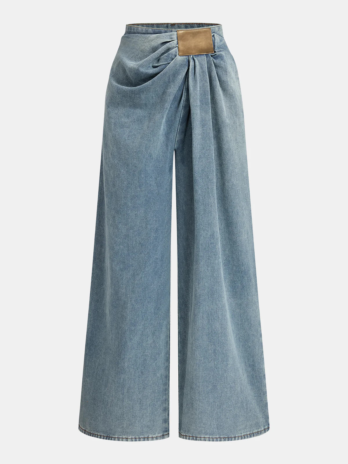 Asymmetrical Ruched Denim Wide-Leg Pants | Commense
