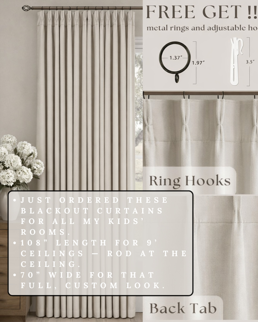 Trending Now — PINCH PLEAT BLACKOUT CURTAINS! These BLACKOUT CURTAINS give that custom, HIGH-END look without the designer price. The 108” LENGTH is perfect for 9’ ceilings and the 70” WIDTH creates that full, tailored finish I always recommend.

#Amazon #TheHillaryStyle #AmazonHome #BlackoutCurtains #NeutralHome #DesignerLookForLess #WindowTreatments #LuxuryForLess #HomeRefresh #ModernOrganicStyle 

 #LTKU #LTKOver40 #LTKHome