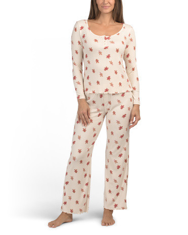 Gingerbread Pointelle Knit Henley Neck Top And Pants Pajama Set for Women | Polyester/Spandex | Marshalls