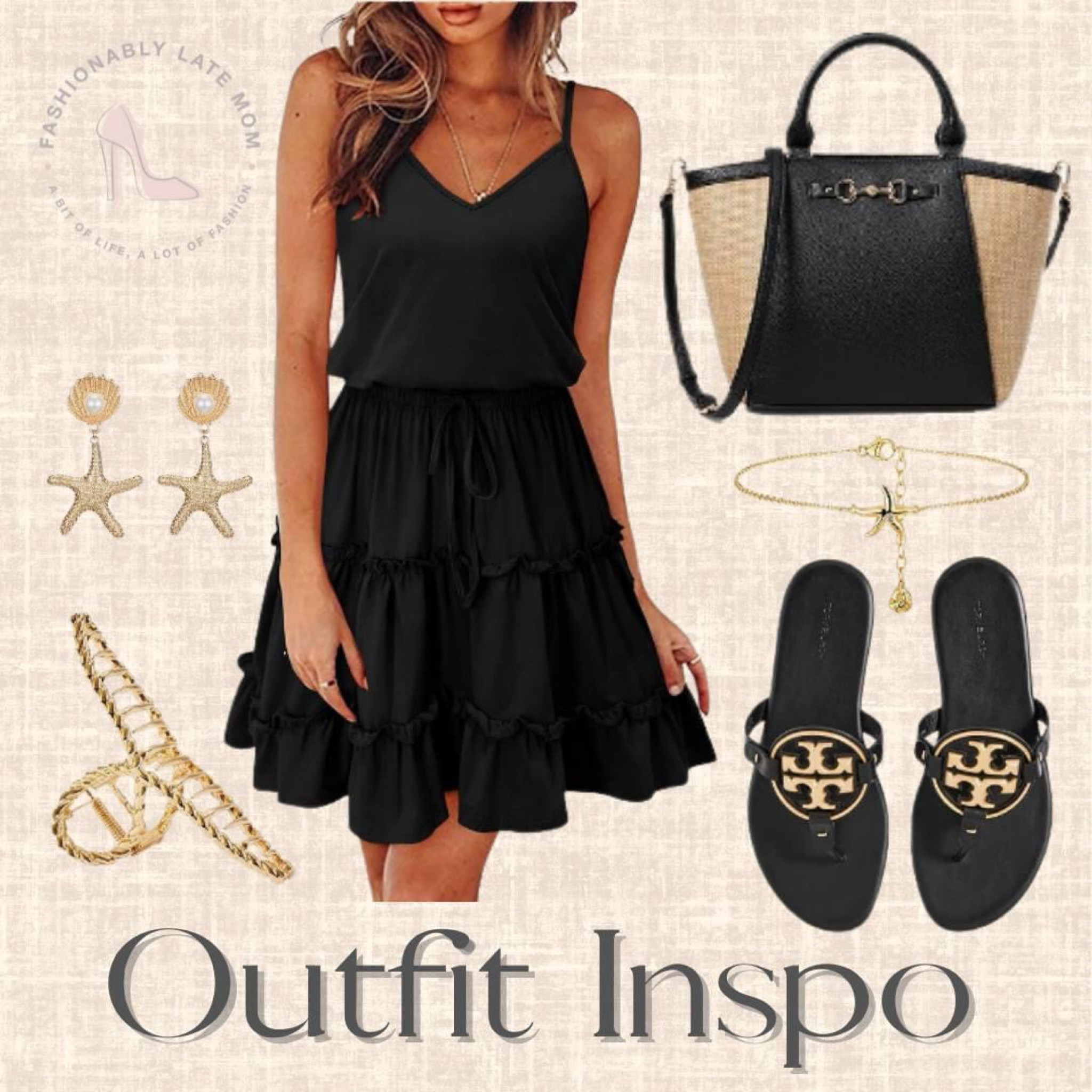 Outfit inspo
Fashionablylatemom 
Fashionably late mom 
Amazon fashion 
Dress
Purse
Flip flops
Claw clip