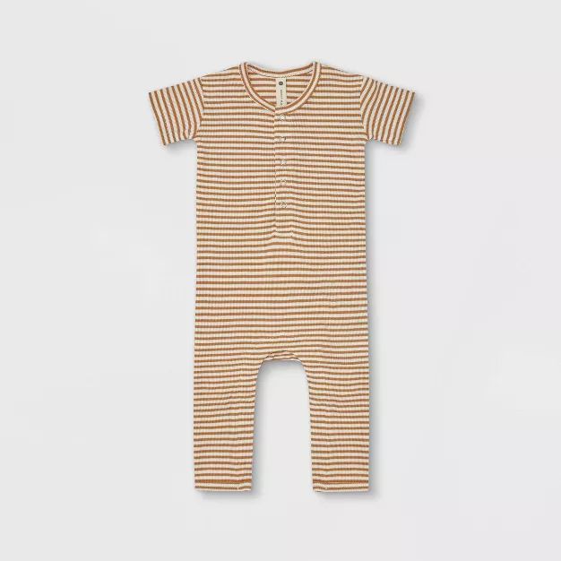 Q by Quincy Mae Baby Ribbed Striped Short Sleeve Romper - Ivory | Target