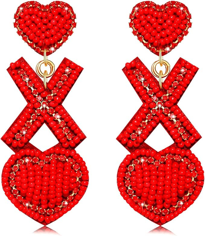 CEALXHENY Beaded Drop Earrings Handmade Seed Bead Heart Hoop Dangle Earrings Bohemia Statement Ea... | Amazon (US)