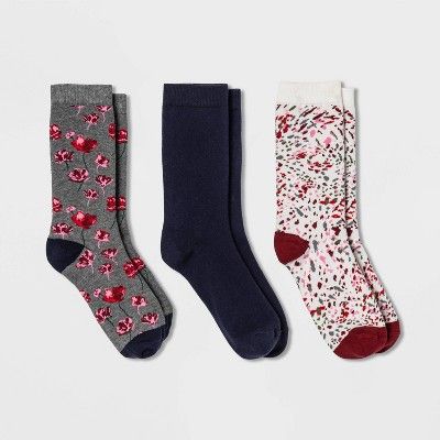 Women's Floral 3pk Crew Socks - A New Day™ Gray/Navy/Burgundy 4-10 | Target