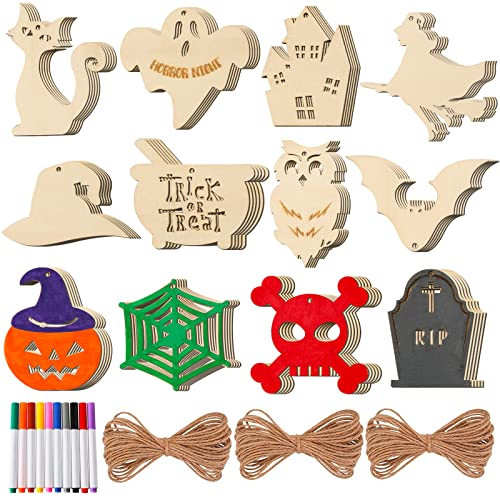 MGparty Halloween Crafts 60PCS Halloween Wooden Slices DIY Natural Wood Crafts Unfinished Predrilled Cutouts Ornaments for Kids Halloween Hanging Decorations Gifts | Amazon (US)