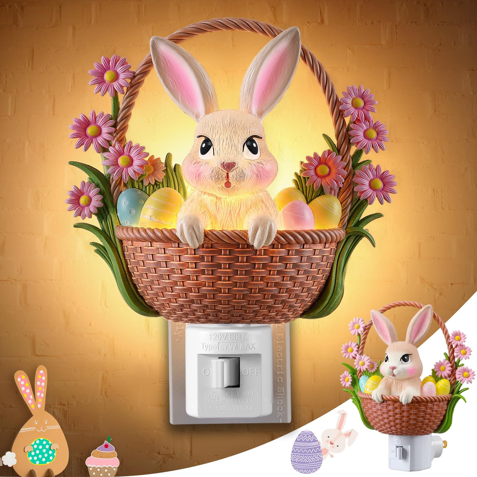 Easter Bunny Basket Egg Decorative Nightlight, Easter Cute Rabbit Resin Plug in Light, 3D Bunny F... | Amazon (US)