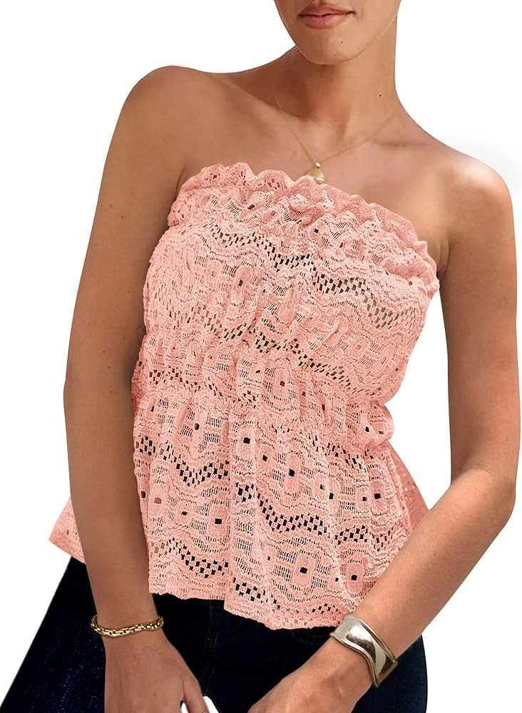 PRETTYGARDEN Women's Boho Tube Tops 2025 Summer Strapless Off Shoulder Eyelet Smocked Peplum Tren... | Amazon (US)