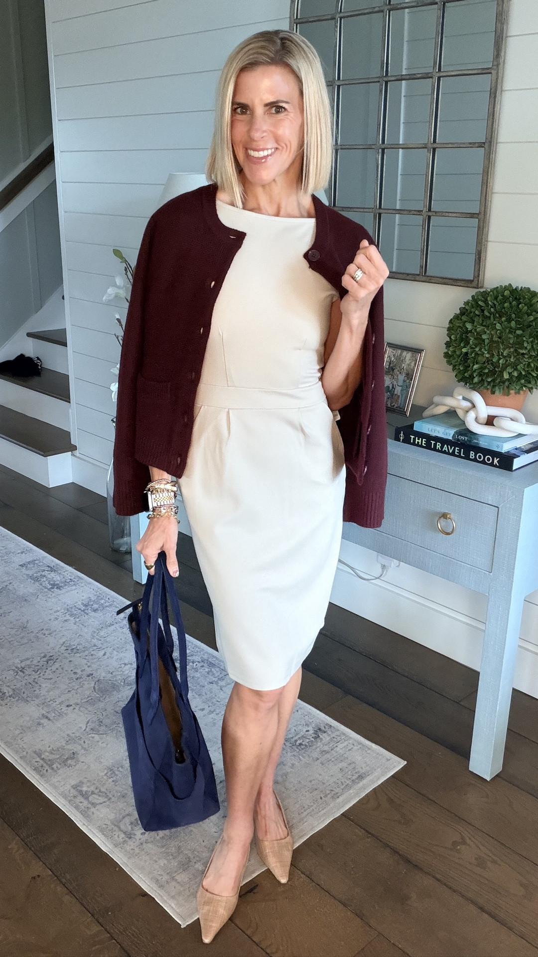 A chic classic dress that is comfortable,  stylish and so affordable!  The dress will also take you desk to dinner in no time. Paired with a rich burgundy cardigan and blue suede tote. You are guaranteed to slay the day. @Quince #QuincePartner

#LTKWorkwear #LTKOver40 #LTKootd