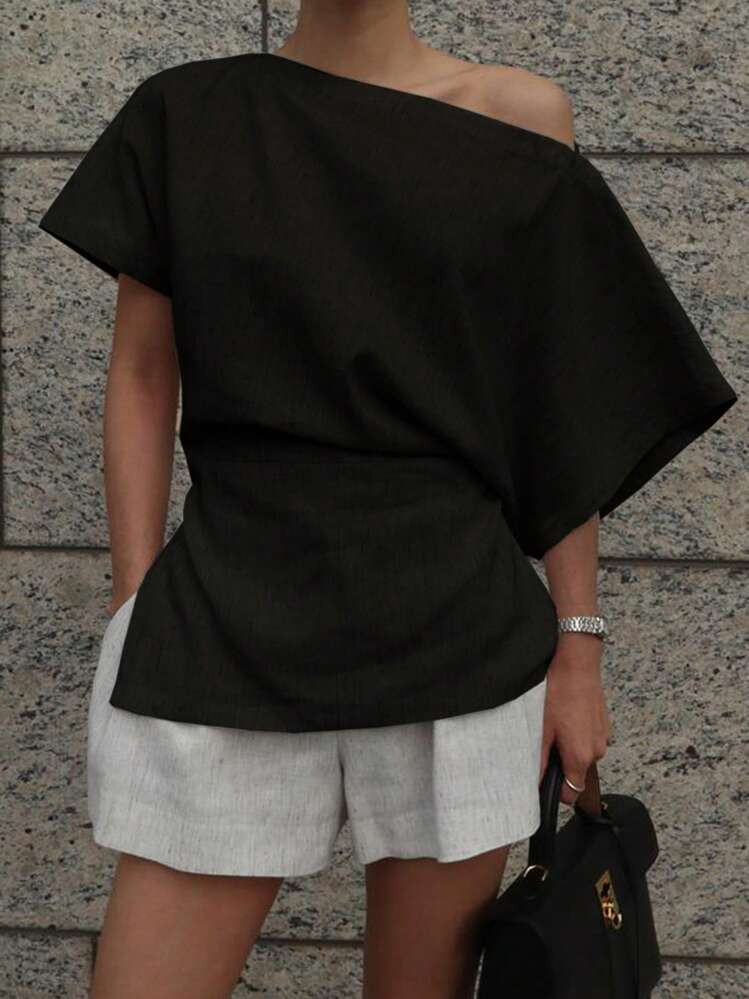 Strévra Women's Solid Color Oblique Shoulder Blouse, Summer Fashion | SHEIN