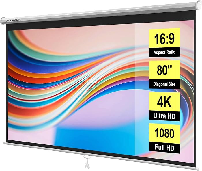 VIVOHOME 80 Inch 16:9 Pull Down Projector Screen, HD 4K Retractable Movie Screen for Indoor Home ... | Amazon (US)