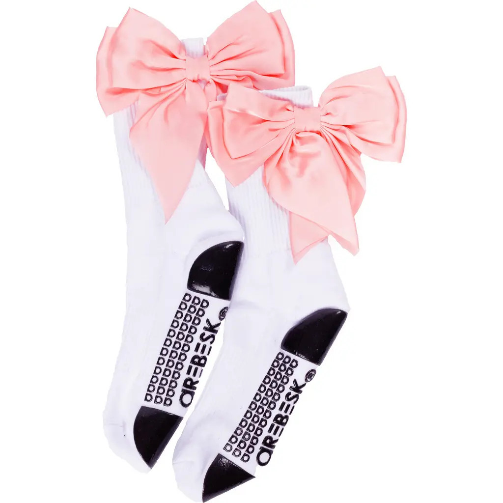 Arebesk Anna Bow No-Slip Grip Crew Socks in White/pink at Nordstrom, Size Medium | Nordstrom