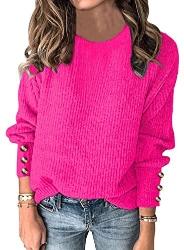 Hot Pink Sweater for Women 2025 Fall Winter Trendy Dressy Casual Work Lightweight Pullover Crew Neck Long Sleeve Soft Cozy Ribbed Knit Sweaters Tops with Buttons | Amazon (US)