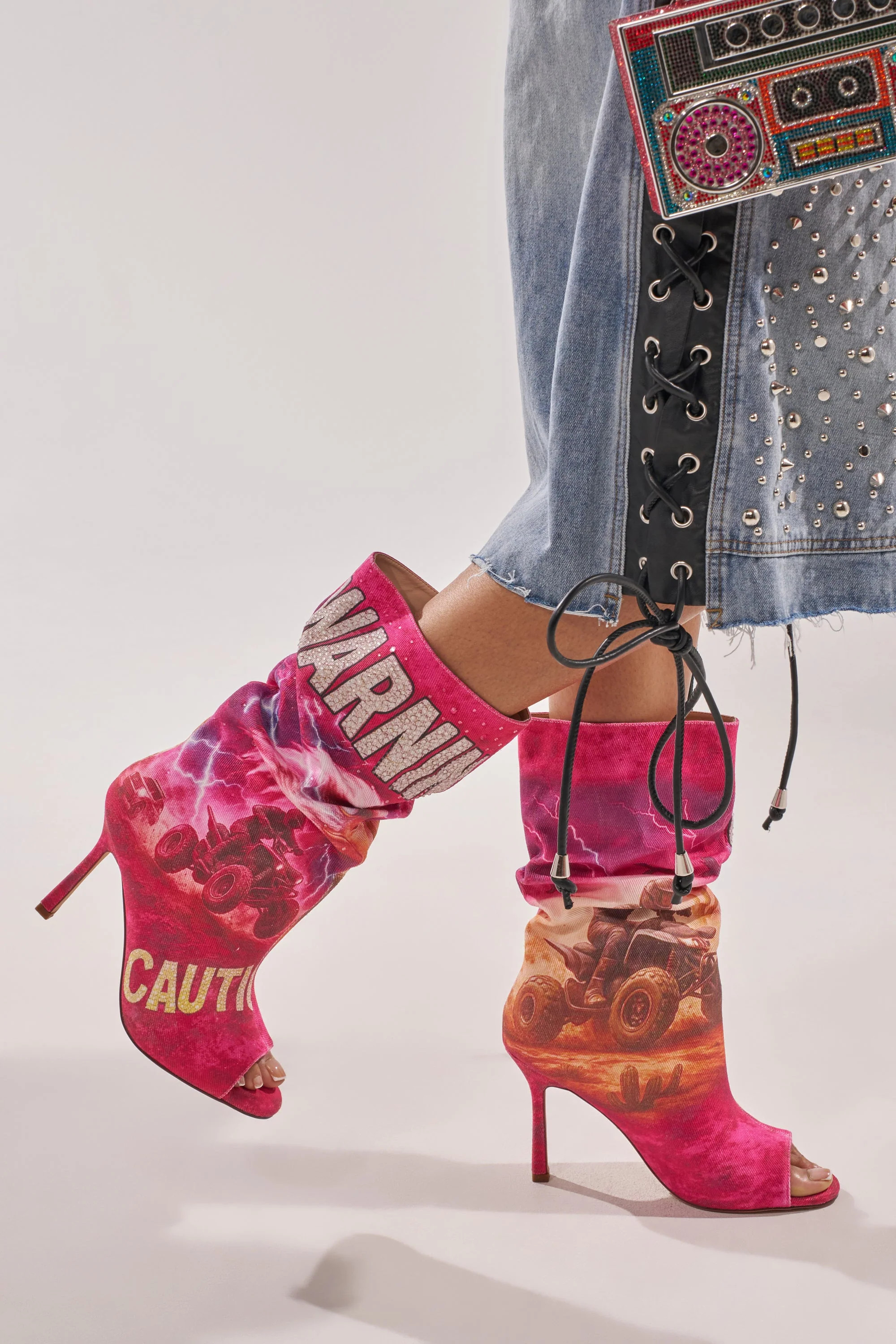 AKIRA GOLD FORMIDABLE PINK MULTI ABSTRACT OPEN TOE BOOTIE | AKIRA