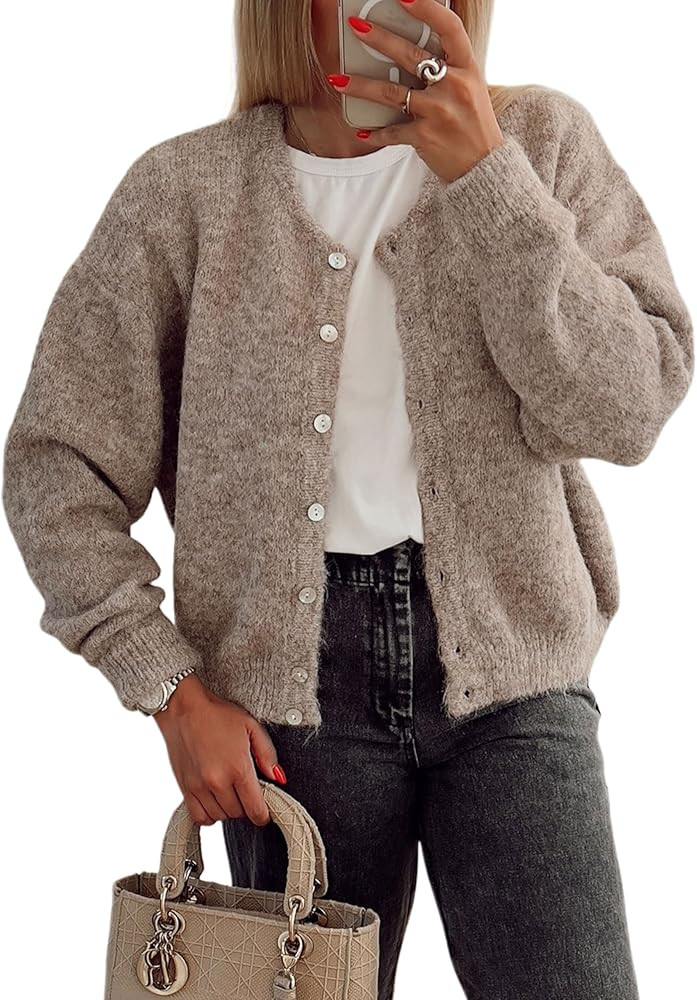 Women's Long Sleeve Front Button Y2k Cardigan Sweaters Crew Neck Loose 2024 Fall Tops | Amazon (US)