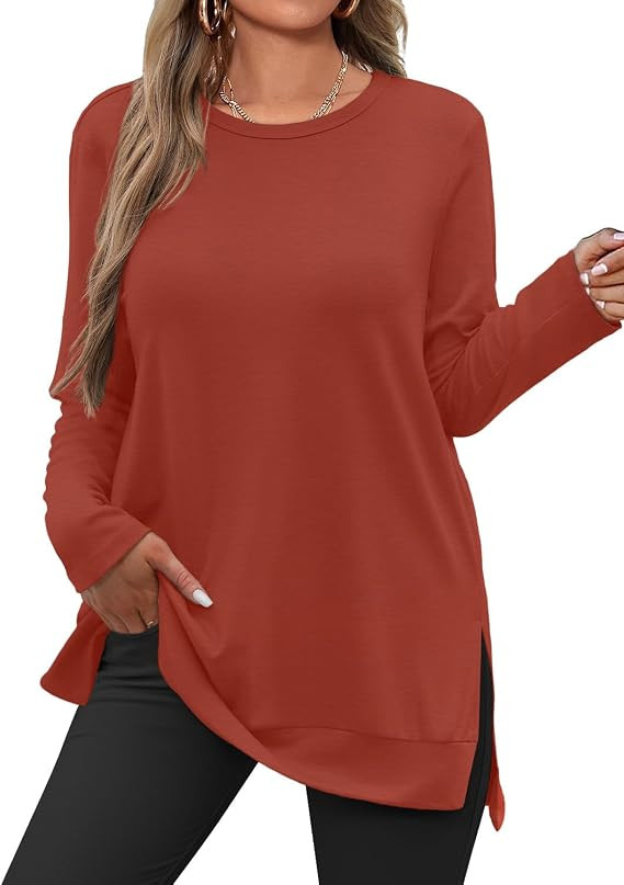Womens Long Sleeve Tunic Tops to Wear with Leggings Crew Neck Side Split Layering Shirts Loose Fi... | Amazon (US)