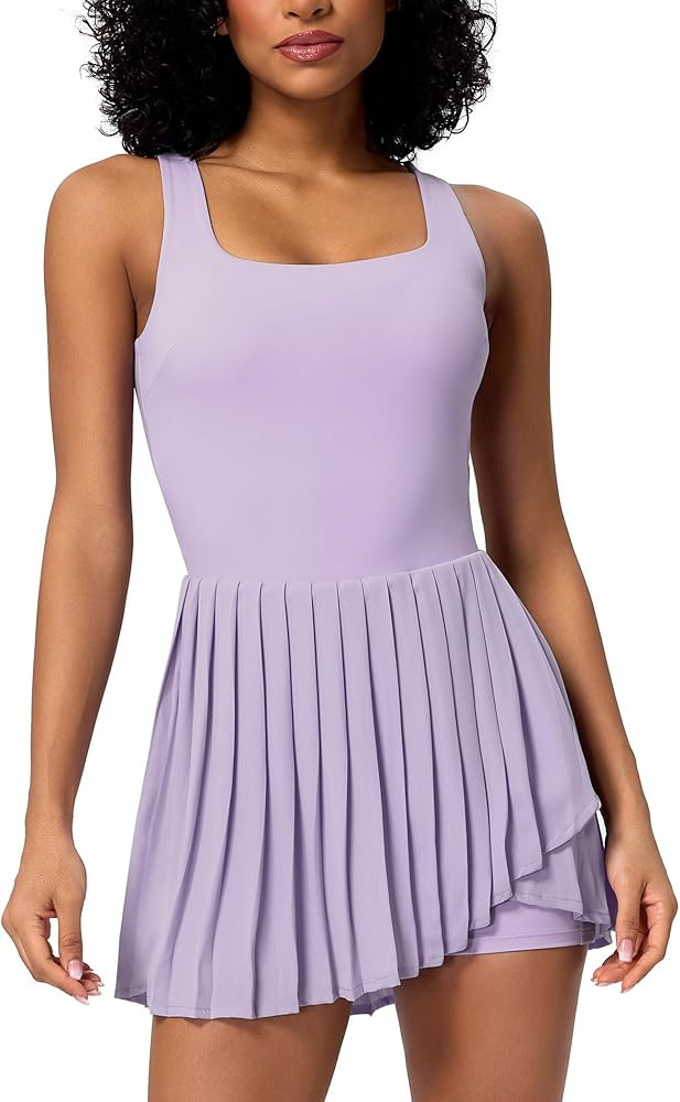 ABOCIW Tennis Dress for Women Square Neck Pleated Athletic Dress with Built-in Shorts & Bra Worko... | Amazon (US)