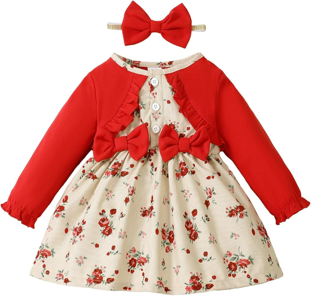 Newborn Baby Girl Dress Toddler Long Sleeve Ruffle Floral Dress Infant Girl Outfit Cute Baby Fall... | Amazon (US)