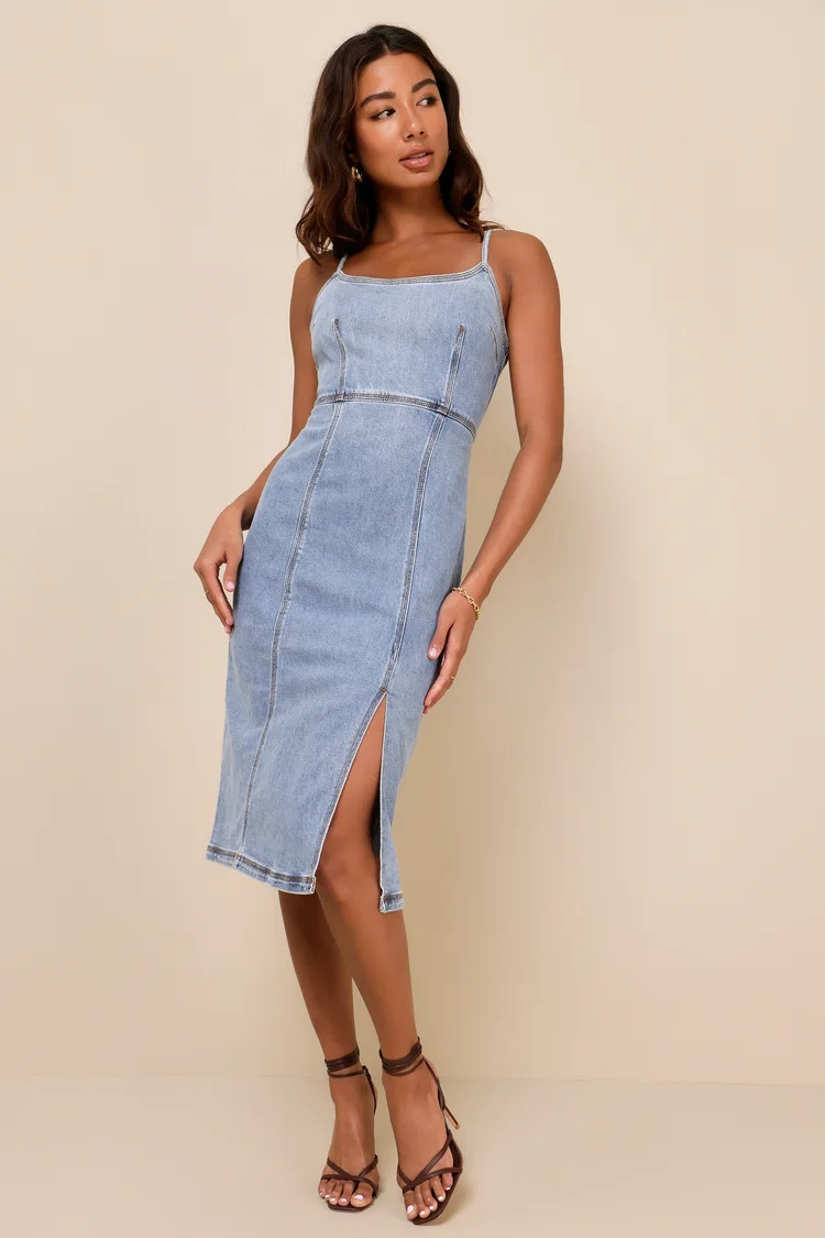 Gisele Light Wash Denim Sleeveless Midi Dress | Lulus