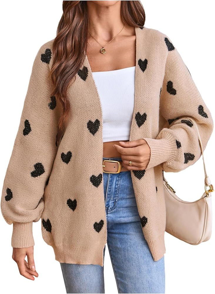 Women's Open Front Heart Print Cardigan Sweater Shawl Collar Long Sleeve Drop Shoulder Sweaters K... | Amazon (US)