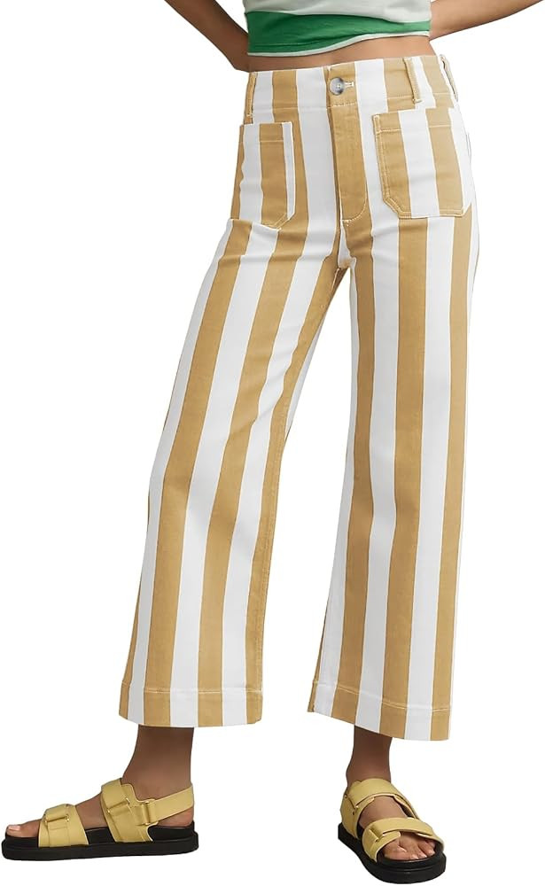 miduo Womens Fashion Buttoned Cropped Striped Straight Leg Pants High Waist Casual Capris Pants w... | Amazon (US)