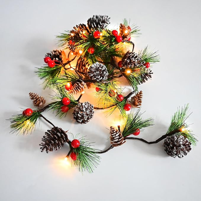 Christmas Garland Lights 6.56FT Holiday Prelit Garlands Pine Cone Garland with Red Berry Upgraded... | Amazon (US)
