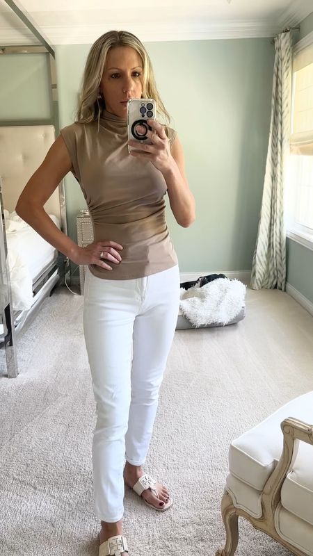 Asymmetrical tan top from Amazon with white high-rise skinny jeans from seven for all mankind in Tory Burch sandals #whitejeans #casualwork #amazonfashion #amazon gold hoops 

#LTKfindsunder50 #LTKsalealert #LTKover40