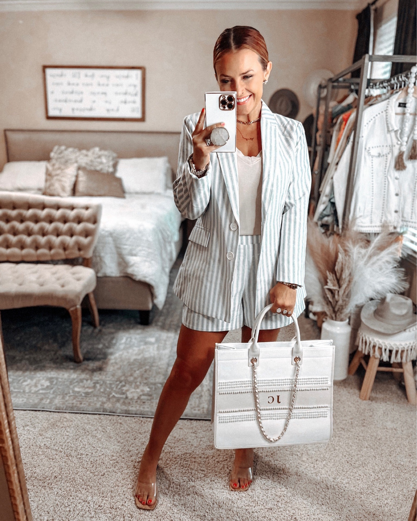 Gibsonlook Try On | How cute is this striped blazer + shorts set?! This will be a definite date with Jesus look soon. I’m a small in the blazer, shorts, and tee. JENNIFER10 saves you 10% on your order! 

#LTKitbag #LTKshoecrush