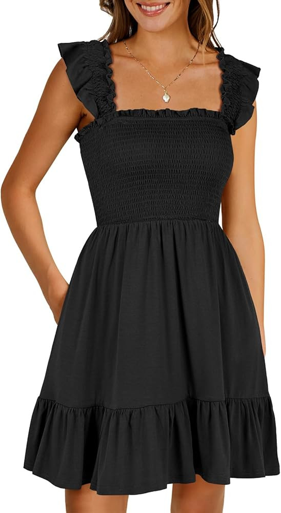 ANRABESS Womens Summer Casual Sleeveless Square Neck Smocked Ruffle Backless Boho Mini Dress 2024... | Amazon (US)