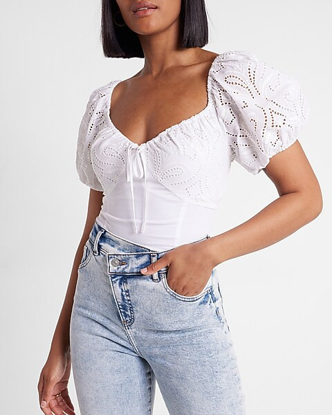 Eyelet Puff Sleeve Tie Neck Thong Bodysuit | Express