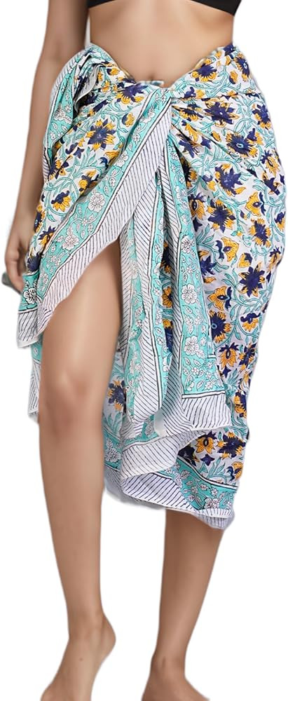100% Cotton Sarong Wraps for Women Indian Block Print Long Swimsuit Bikini Pareo Bathing Suit Cov... | Amazon (US)