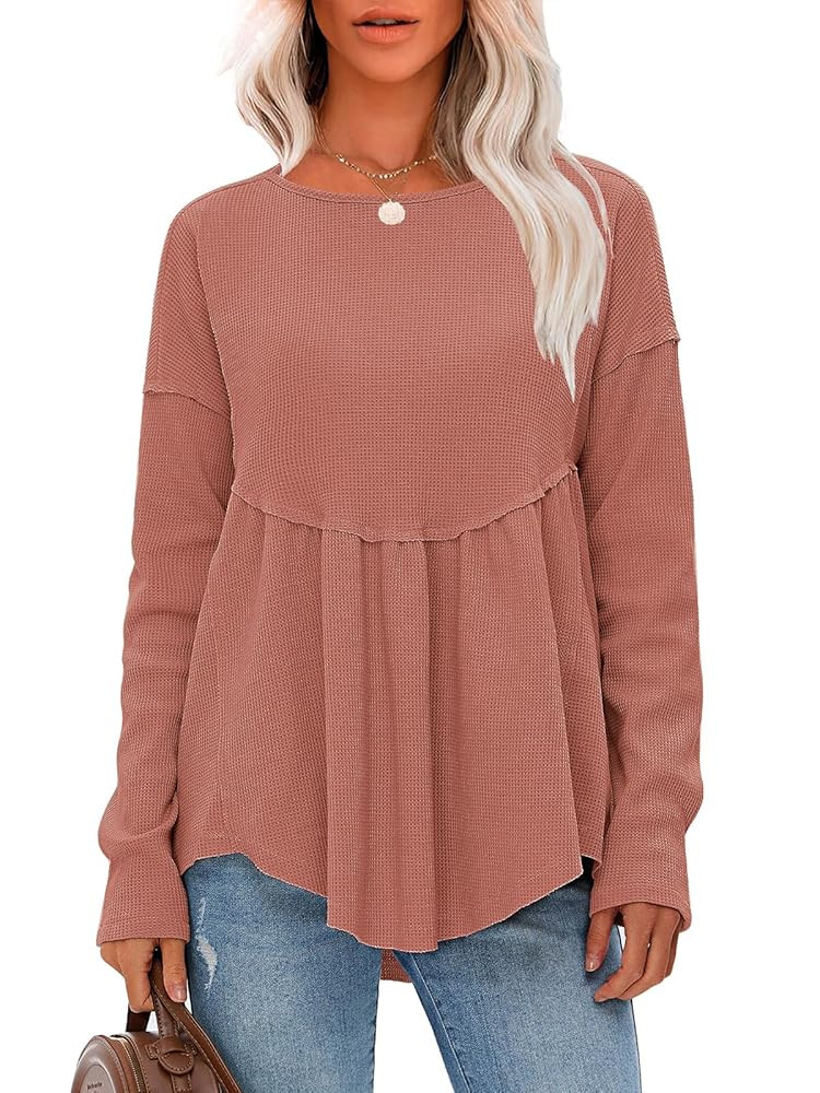 EXLURA Waffle Knit Long Sleeve Shirts for Womens Crewneck Loose Babydoll Tunic Tops Maternity Top... | Amazon (US)