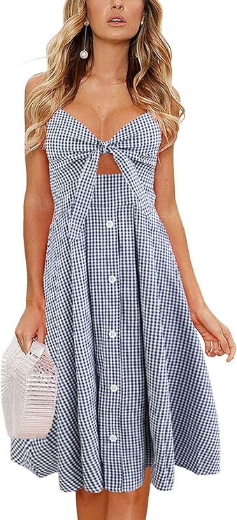 ECOWISH Women Dresses Summer Tie Front V-Neck Spaghetti Strap Button Down A-Line Backless Swing M... | Amazon (US)