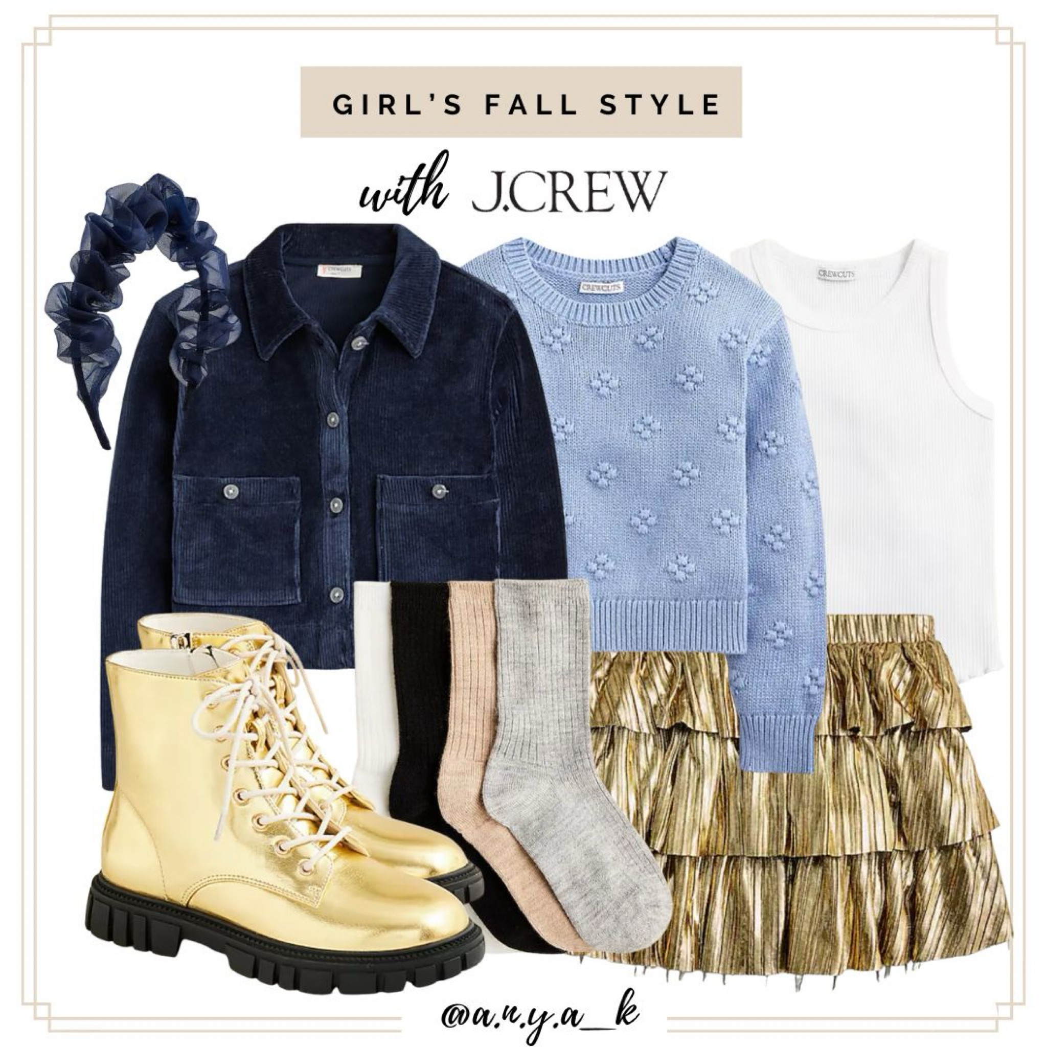 🌟 Shine bright this fall with this J.Crew outfit! Featuring a plush navy jacket, a light blue floral sweater, and a shimmering gold skirt, topped off with eye-catching golden boots 🍂

#JcrewKids #AutumnGlam #LTKkids #KidsFashionista

#LTKKids #LTKFamily #LTKSeasonal