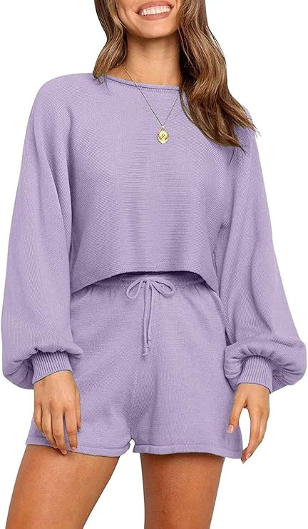 TECREW Women's 2 Piece Outfits Long Sleeve Knit Pullover Sweater Crop Top Shorts Sweatsuit Set | Amazon (US)