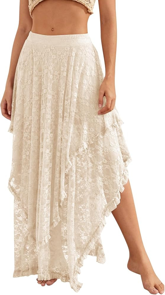 YKR Womens Lace Long Skirts Elastic Asymmetrical Layered Hem Sexy See-Through Flowy Skirts Floral... | Amazon (US)