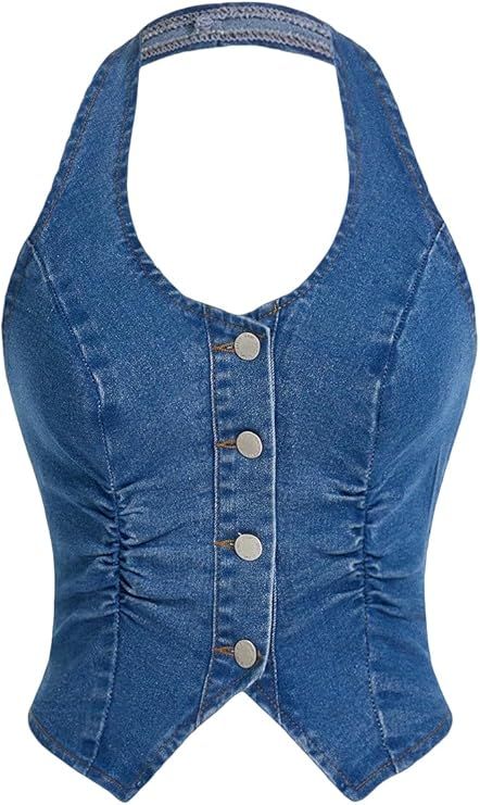 SweatyRocks Women's Asymmetrical Hem Button Down Slim Fit Sleeveless Halter Denim Vest Tops | Amazon (US)