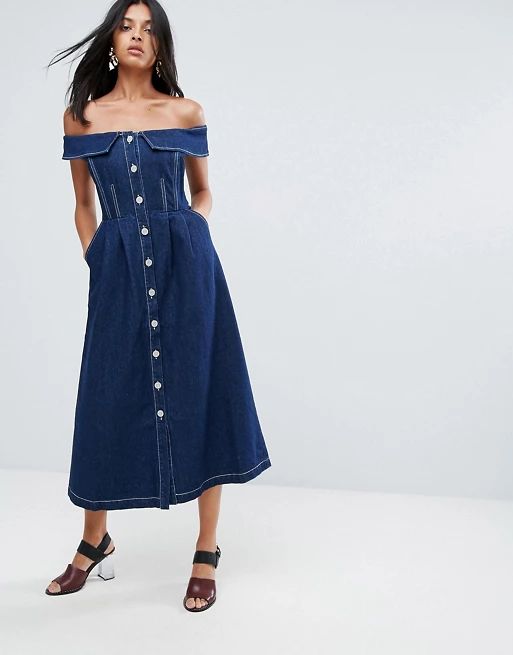 To Be Adored Danya Off Shoulder Buttoned Denim A Line Dress | ASOS UK