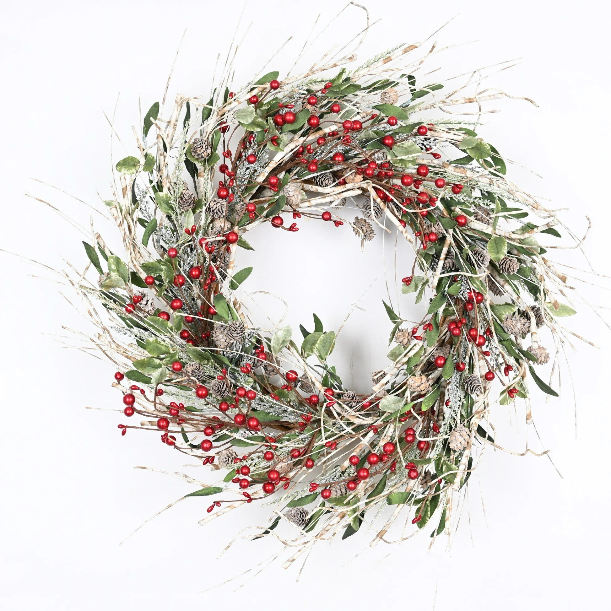 24" Artificial Farmhouse Leafage Berry Birch Pinecone Christmas Day Winter Wreath For Front Door | Wayfair North America