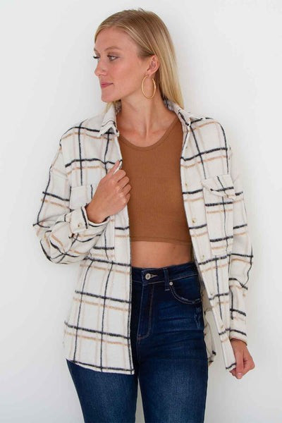 ACOA Clothing Oversized Plaid Newsty Shacket for Women in Ivory | Glik's