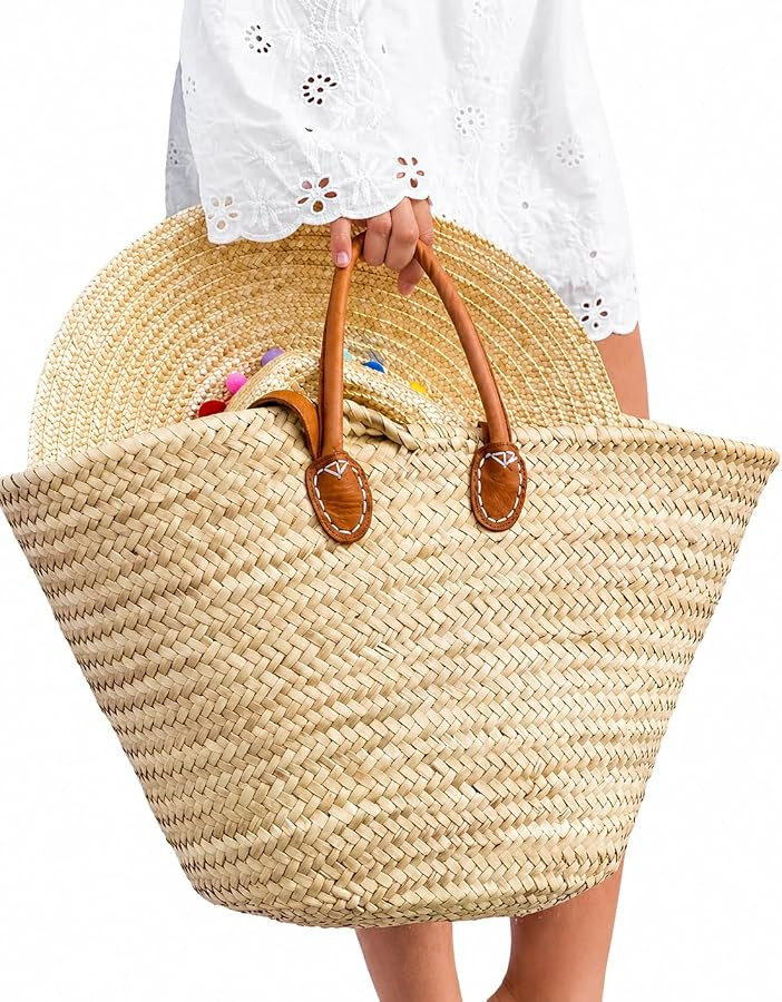 French Market Basket Straw Tote with Leather Handles Beach Bag Handmade | Amazon (US)