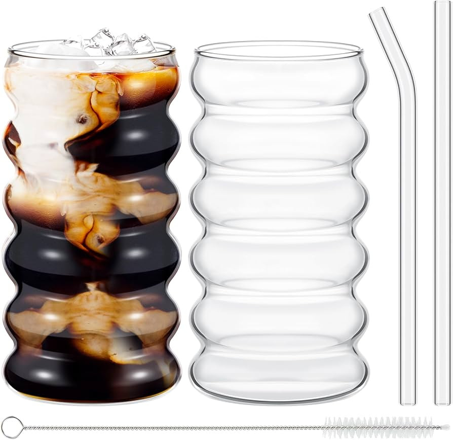 Tessco 2 Pcs 16 oz Creative Glass Cups Drinking Glasses Ribbed Drinking Glass Cups with Brush and... | Amazon (US)
