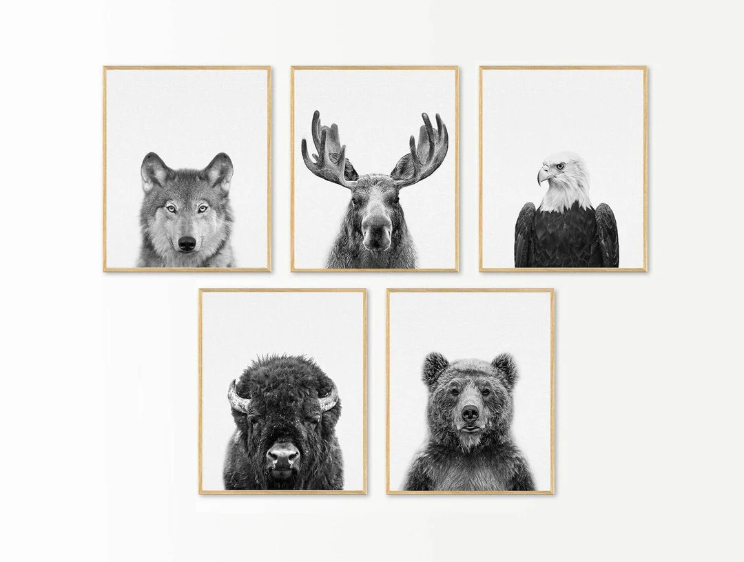 Woodland Animals Print, Nursery Wall Art Decor, Set of 5 Prints, Moose, Bald Eagle, Wolf, Bear, B... | Etsy (US)