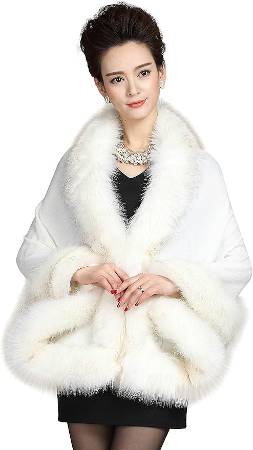 ELFJOY Bridal Faux Fur Shawl White Fur Coat Women Faux Fur Wrap for Evening Dresses Luxury Fur Ca... | Amazon (US)