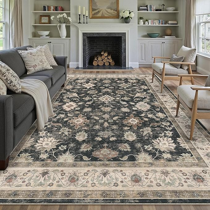 HUGEAR Area Rug 8x10 Vintage Black Machine Washable Living Room Rugs Distressed Retro Floral Vacu... | Amazon (US)