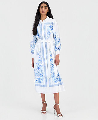 Anne Klein Women's Printed Tie-Waist Midi Shirtdress - Macy's | Macy's