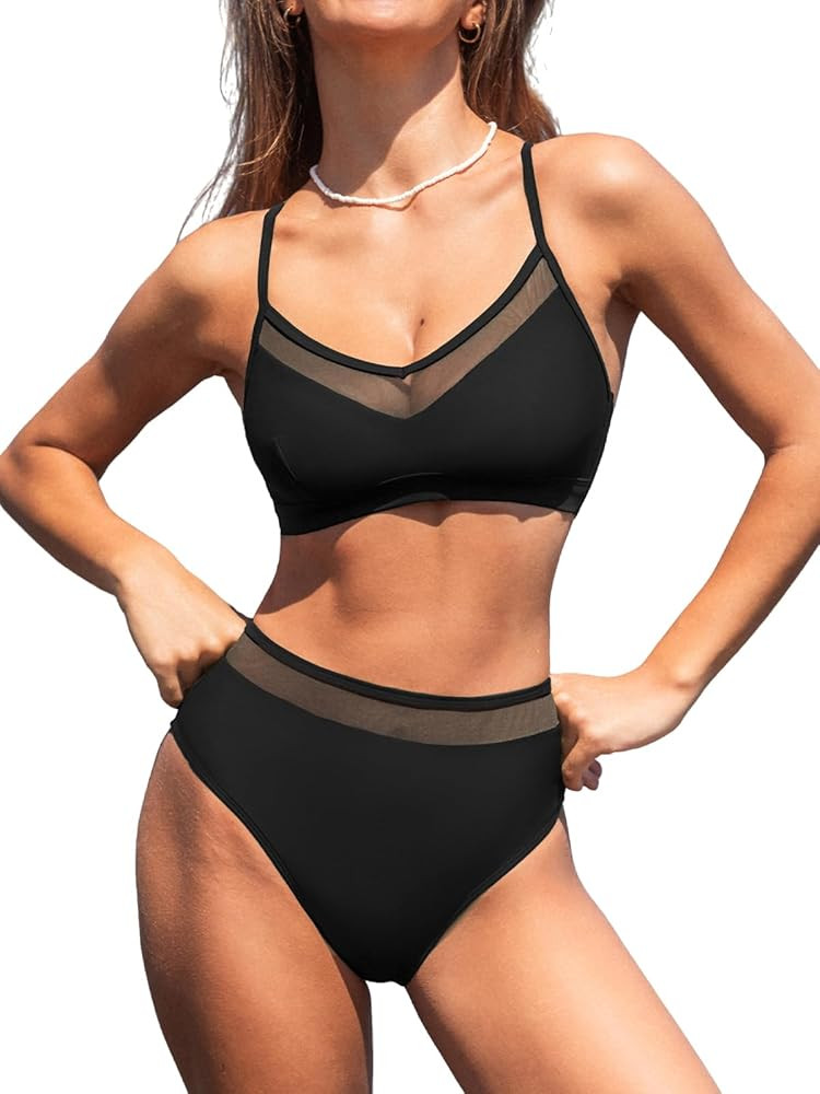 CUPSHE Women's Bikini Set High Waisted Two Piece Swimsuit V Neck Mesh Trendy Bathing Suit Crisscr... | Amazon (US)